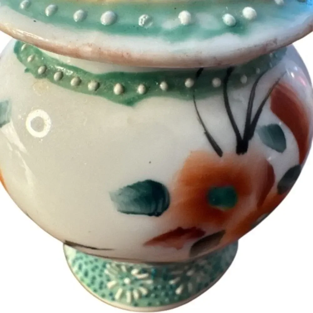 Small Vintage Orange Green Floral Raised Dots 5” Ginger Jar